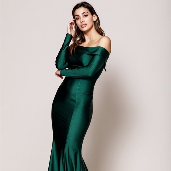 Straight Neck Off Shoulder Evening Dress AC380 - Picture 3 of 4